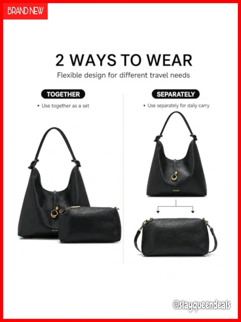 Vegan leather hobo bag with detachable pouch, slouchy shoulder purse
